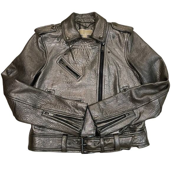 Michael Kors Metallic Silver Leather Jacket | Womens M, Moto Style EUC MSRP $595 - Picture 3 of 12
